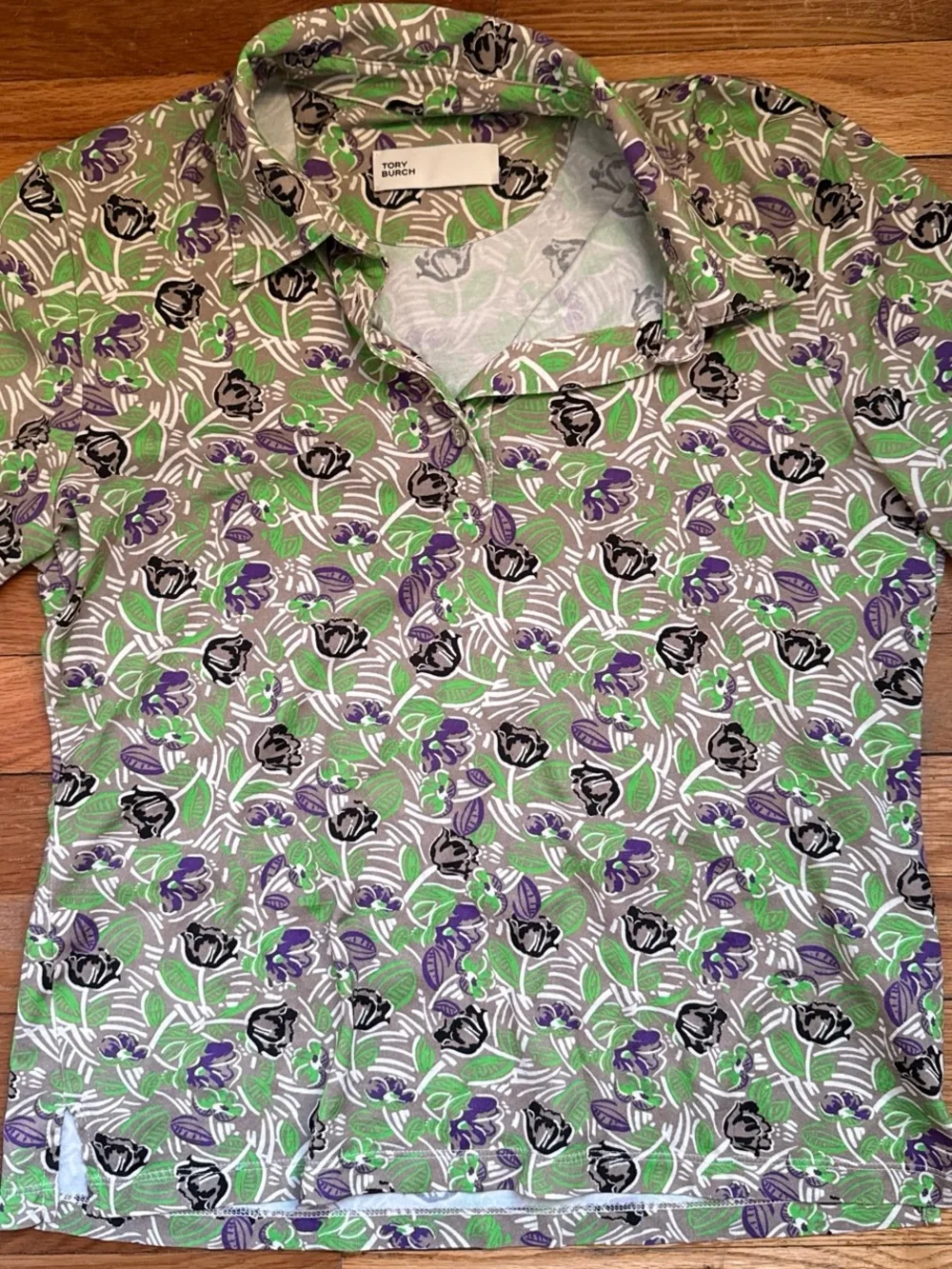 Tory Burch Green, Purple & Black Floral Polo Mini Skort with Ruffle Trim